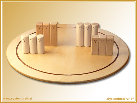 www.systembrett.at · Systembrett-Artikel · „Systembrett rund” mit einem Durchmesser von 50 Zentimetern inklusive 24 unbehandelten Holzfiguren aus massiver Buche